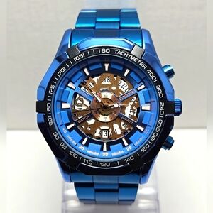 Mens Binbond 46mm Hollow Date Quartz Watch Brillant Blue 30M New Battery